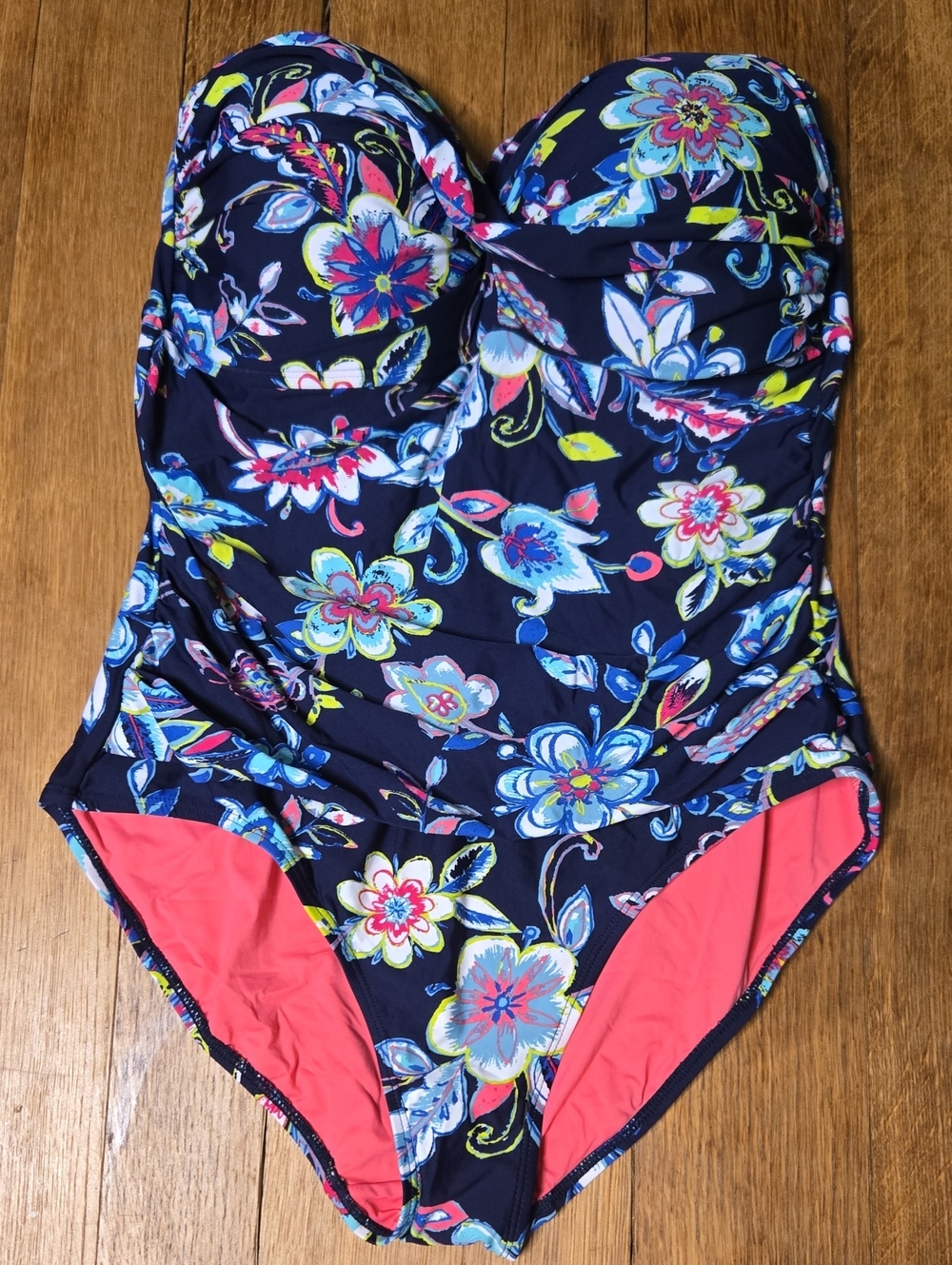 Anne Cole Coral and Navy Swimsuit with Floral Trim